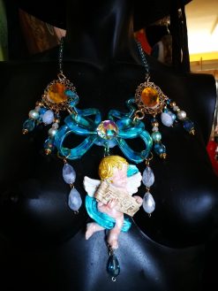 Baroque Jewelry, Guardian Angel Statement Sculptural Pendant, Necklace Celestial Cherubim Seraphim Flake Bow Charm