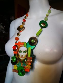 Futuristic Jewelry 1960 1970 Design Necklace, OOAK Modernist Beaded Pop Art, Disco Fashion Style Multicolored Pendant