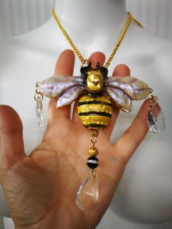 Queen Bee Jewelry, Gold Bumble Honey Pendant, Sculptural Insect Necklace Charm Drop Bead Crystals