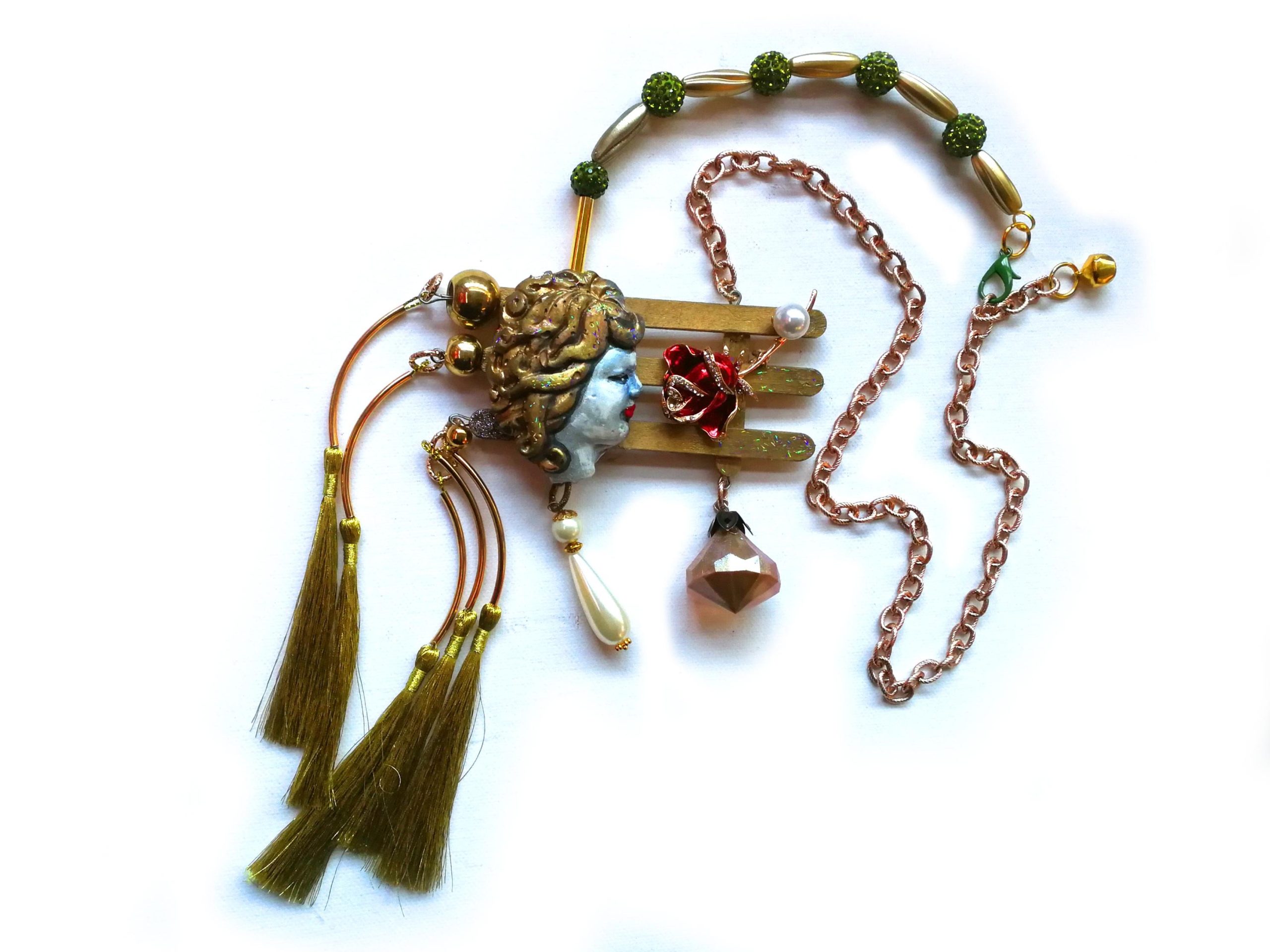 Belle Epoque Jewelry, Statement Doll Head Sculpture Pendant Charleston, Golden Age Liberty Flower Charm