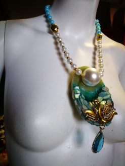 Swan Lake Rhinestone Choker Necklace, Statement Jewelry Mother of Pearl & Onyx Stone Charm Pendant