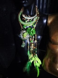 Metallic Emerald & Feathers Layers Statement Pendant, Avant Garde Sculpted Oversized Big Bold Chunky Necklaces