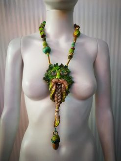 Designer Jewelry, Chunky Beaded Pendant Forest Spirit Guide, Wizard Little People, Locket Necklace Charm