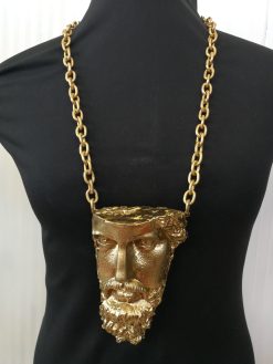 Antique Greek Statue, Head Face Portrait Sculpture Necklace, Pendant Chunky Jewelry Statement Brutalist Chain