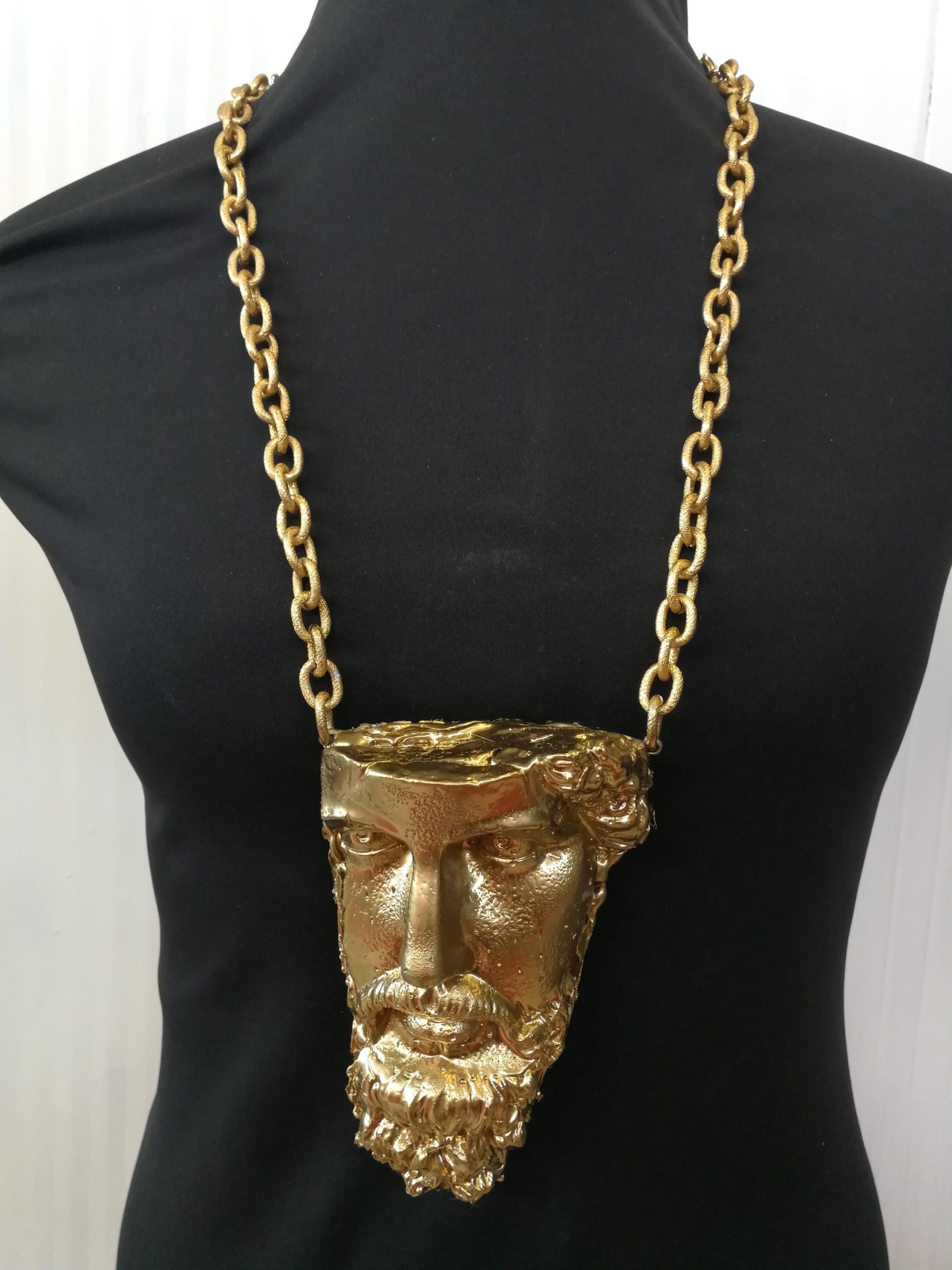 Antique Greek Statue, Head Face Portrait Sculpture Necklace, Pendant Chunky Jewelry Statement Brutalist Chain
