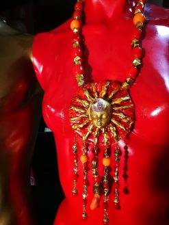 Red & Gold Sun Face Pendant Necklace, Beaded Dangles OOAK Wearable Art Statement Bold Jewelry