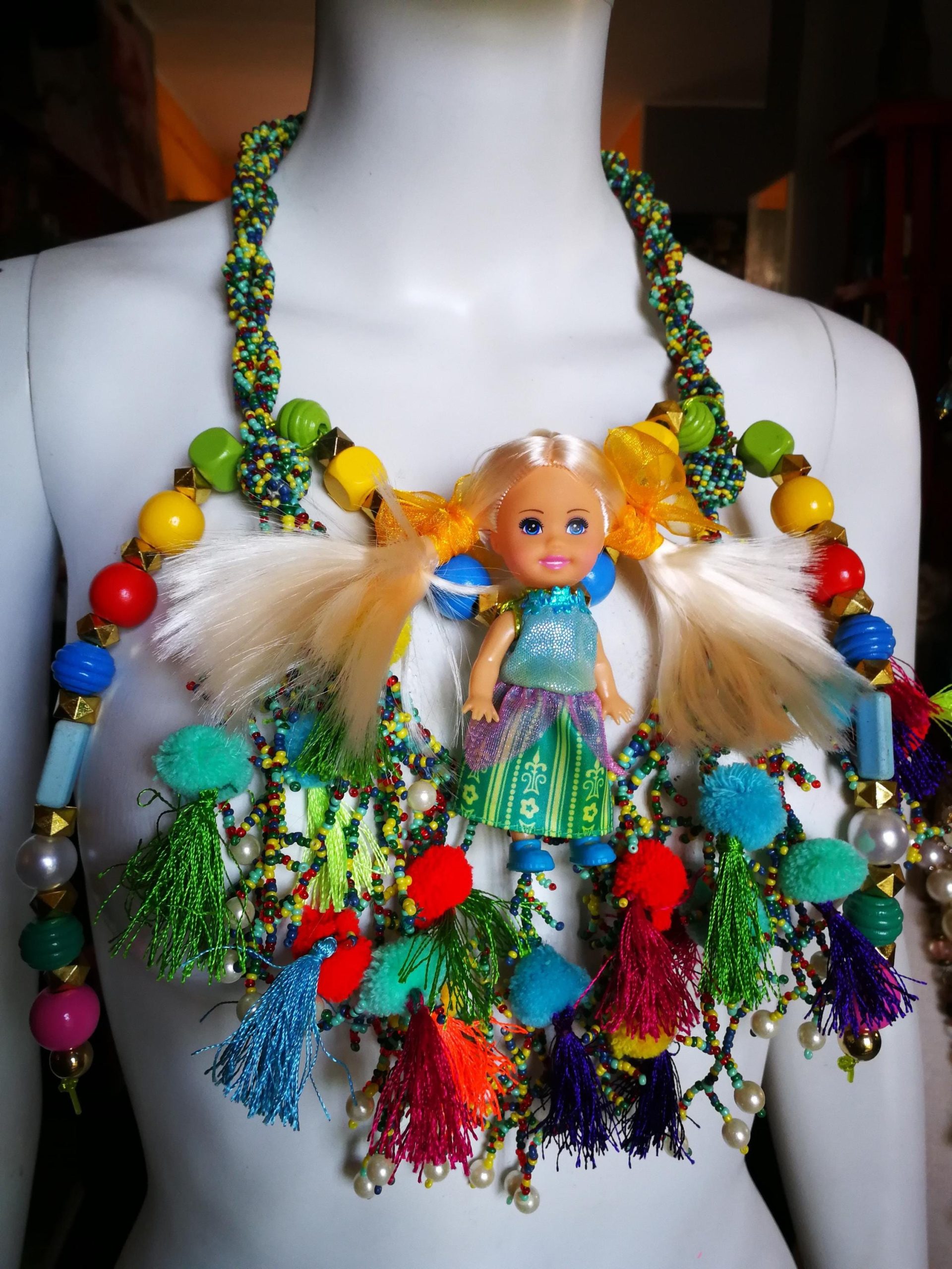 Designer Jewelry, Chunky Necklace Charm Pendant, Extravagant Boho Doll Folk Collar Bib Folkloric Assemblage