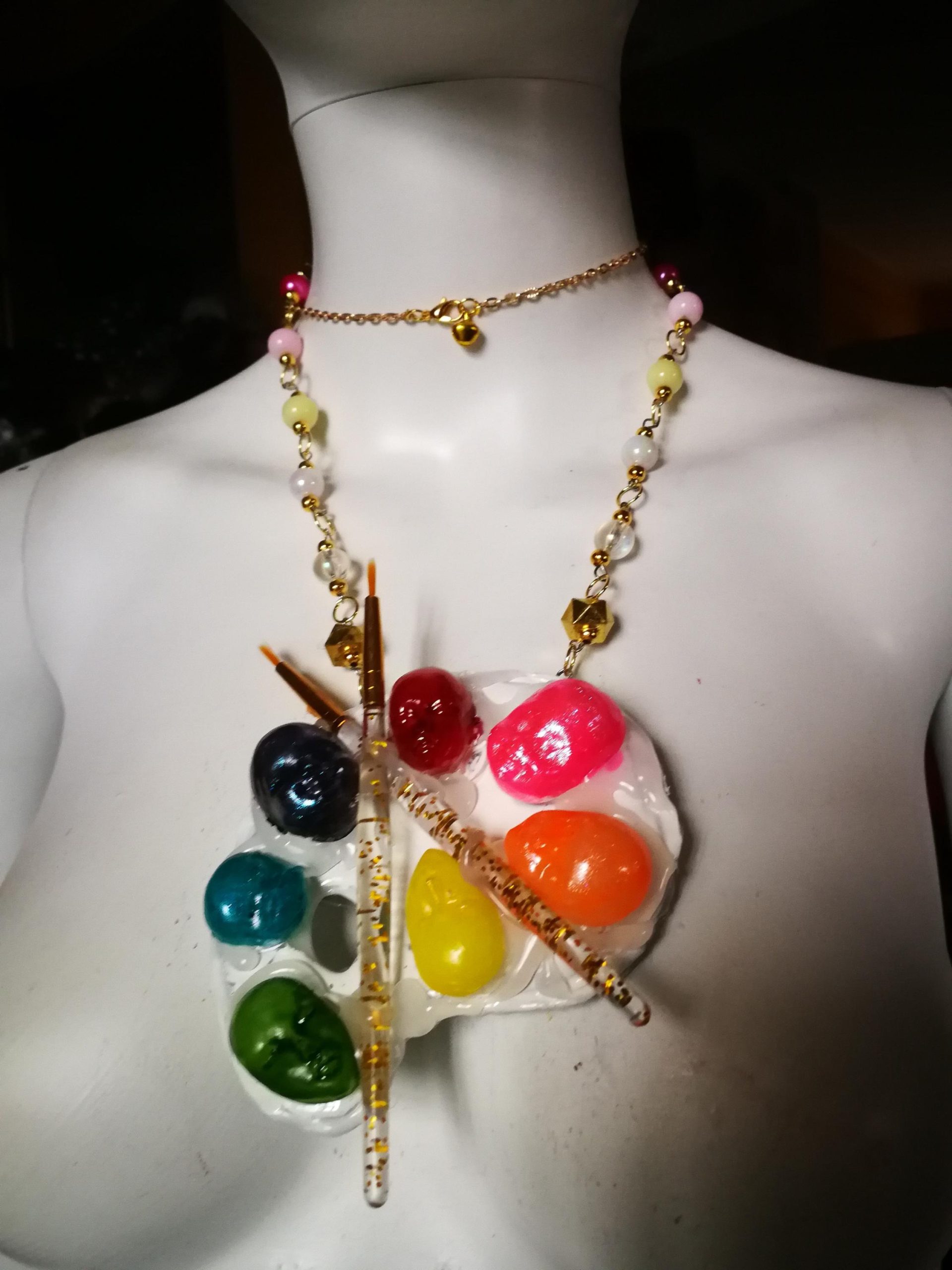 Artist Palette Jewelry, Painter Sculpture Pendant Rainbow Beaded, Doll Head Face Chunky Statement Necklace