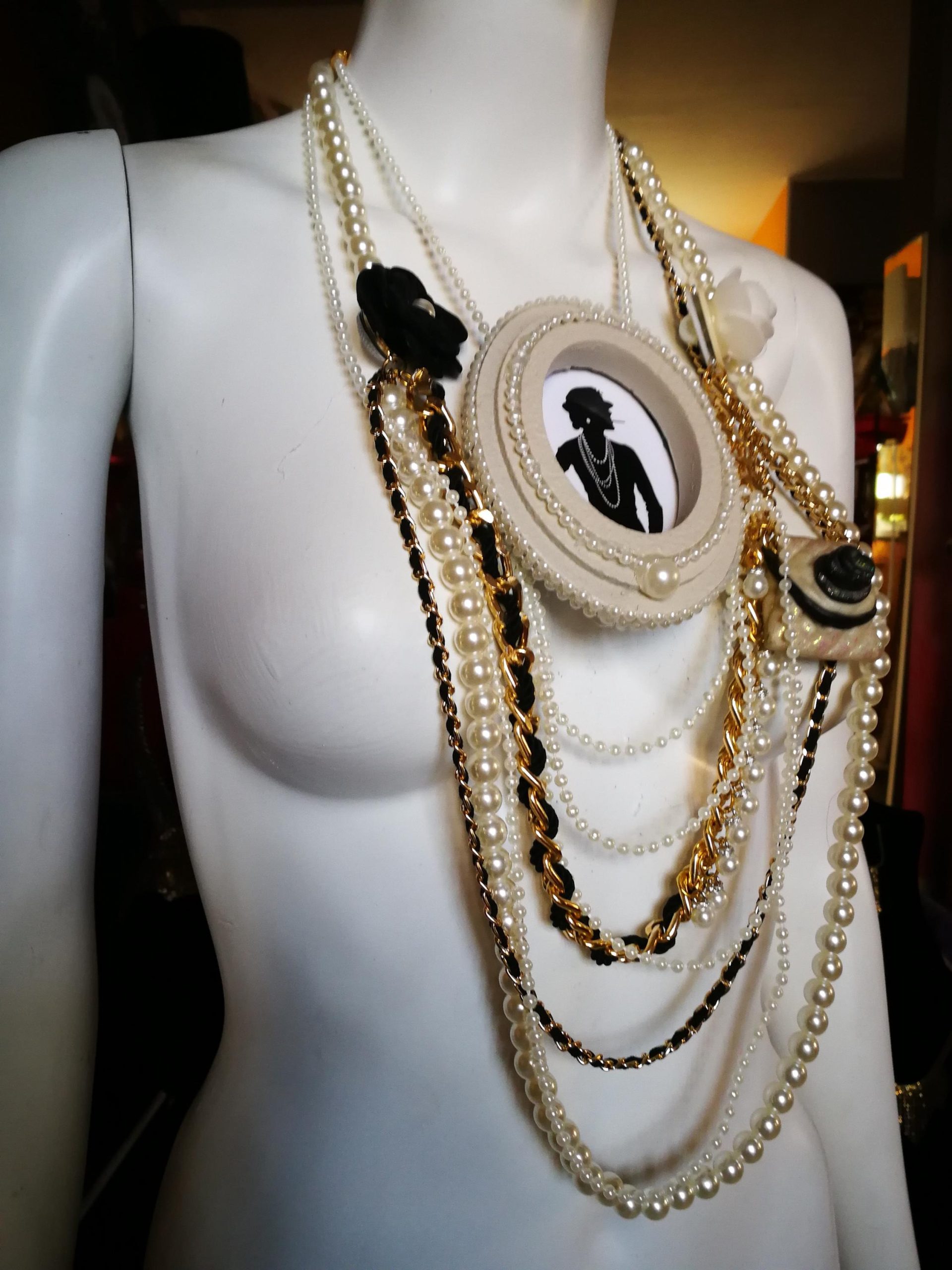 Assemblage Jewelry Vintage Cameo Silhouette, Elegant Classic Statement Pendant, Madame Coco Chain Pearl Necklace