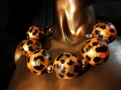 Oversized Necklace Hand Painted Leopard Orb Beaded Statement OOAK Haute Couture Jewelry Sculptured Wild