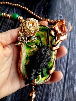 Statement Necklace, Animal Nature Pendant Collar, Liberty Jewelry Collier Copper Crystal, Mouse Pearl Gemtones