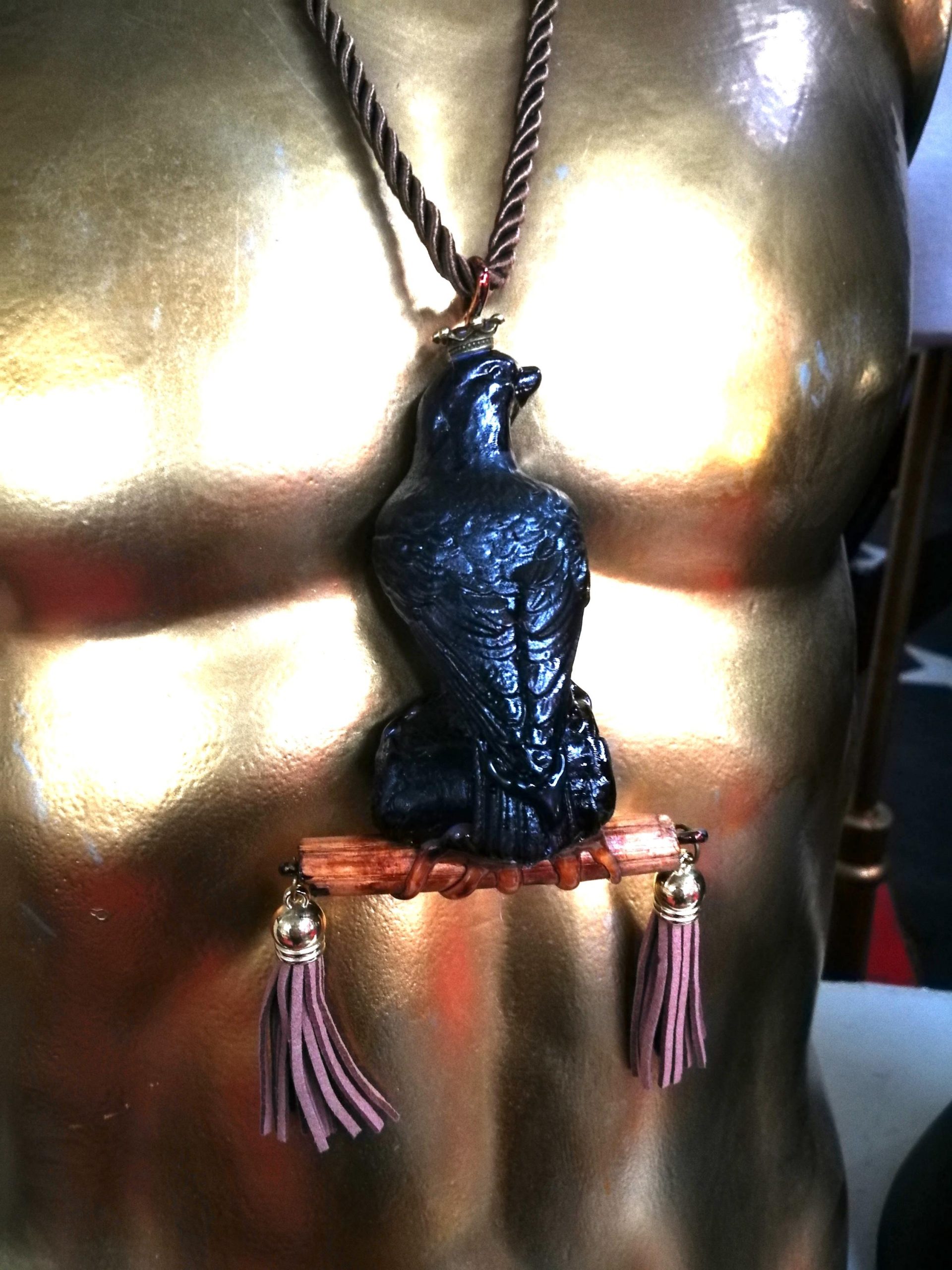 Blackbird Pendant Sculptural Gothic Necklace, Natural Wooden Tree Branch Tassel Charm Statement Boho Jewelry
