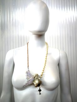Guardian Angel Pendant, Statement Necklace Jewelry, Baroque Celestial Cherubim Seraphim, Pearl Charm Antique Statue