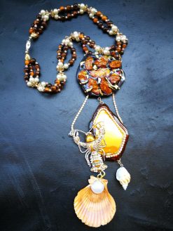 Lobster Jewelry, Statement Choker Necklace, Jasper Raw Stone Gold Mirror Pendant Shell & Pearl Charm