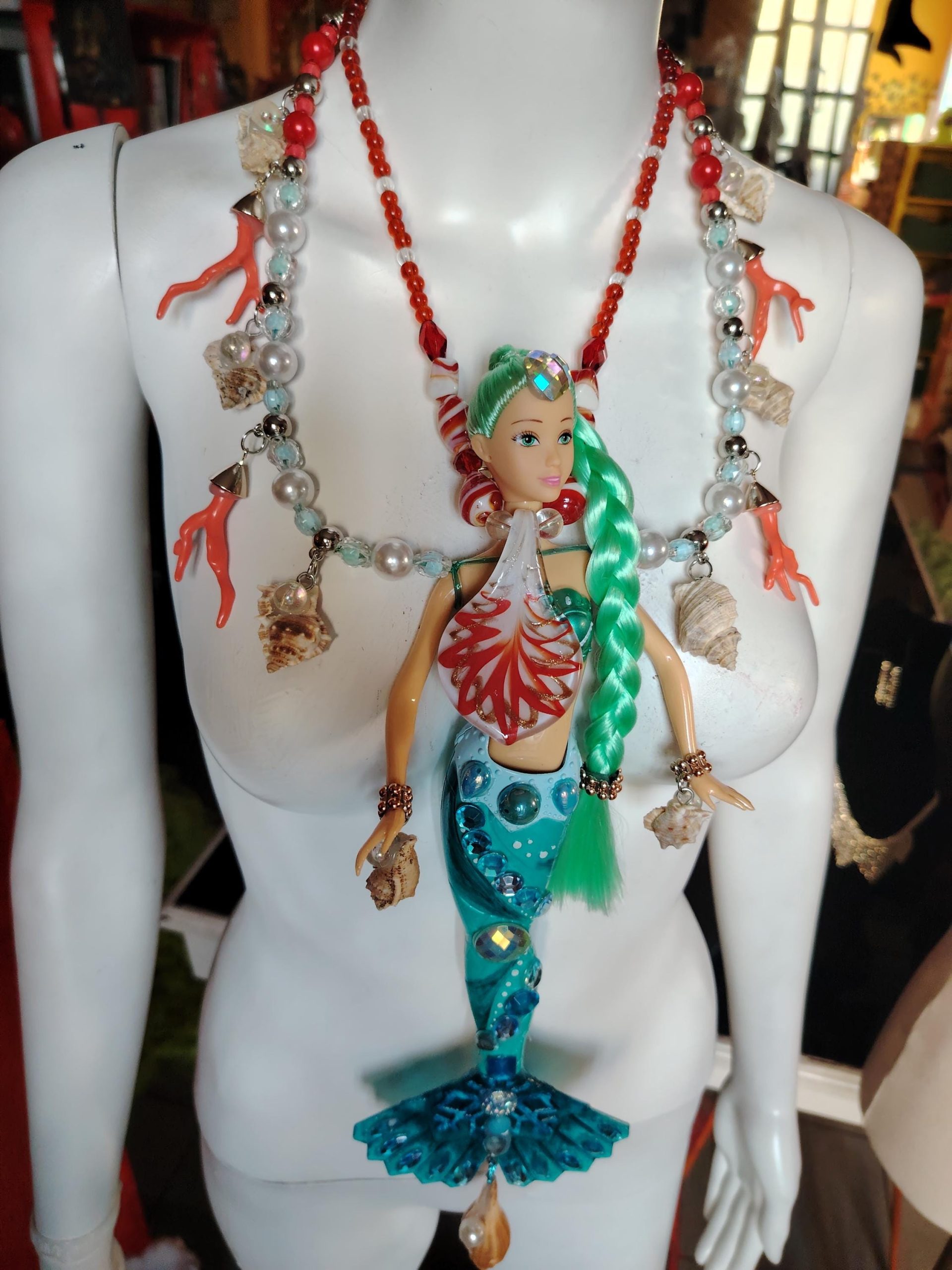 Siren Mermaid, Extravagant Jewelry Futuristic Doll Fish, Bib Pendant Seashell Conch Shell Coral Charm