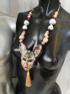 Venetian Mask Costume Jewelry, Cat Pendant Theatre Eye Mask, Luxury Charm Statement Sculptural Necklace