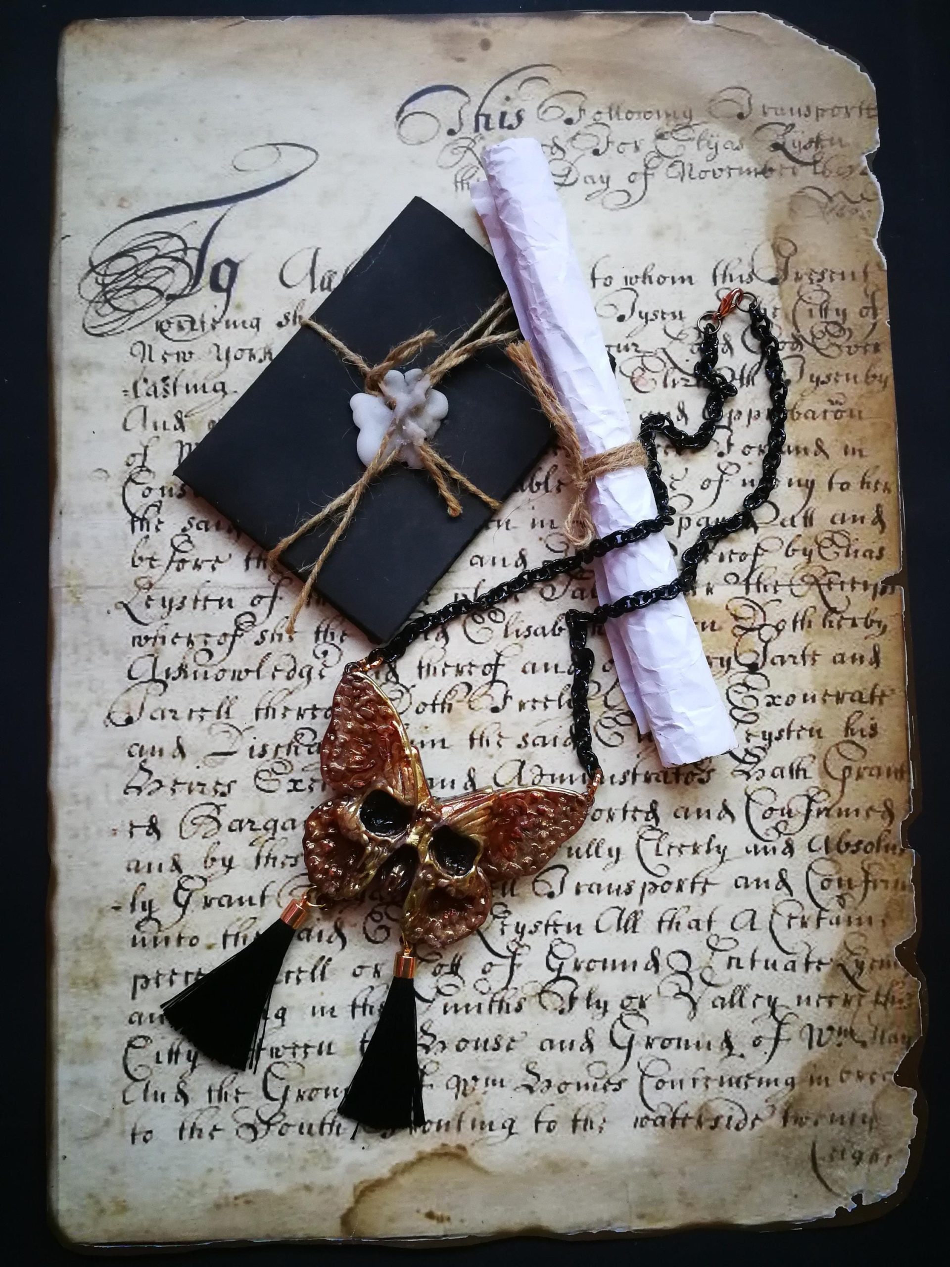 Sugar Skull Butterfly Necklace, Statement Luna Moth Gothic Tassel Bib, Macabre Jewelry Luxury Oddities