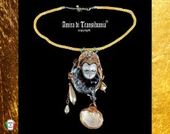 Belle Epoque Jewelry, Liberty Doll & Moon Sculpture Pendant Statement Golden Age Pearl Shell Charm
