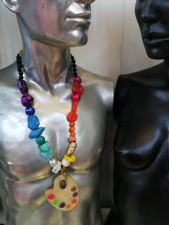 Artist Palette Pendant, Woman Painter Statement Jewelry, Beaded Handmade Sculpture Big Bold Chunky Necklace