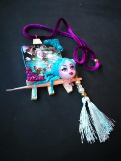 Doll Head Necklace, Artist Palette OOAK Pendant, Big Bold Chunky Tassel Statement Sculpture Jewelry