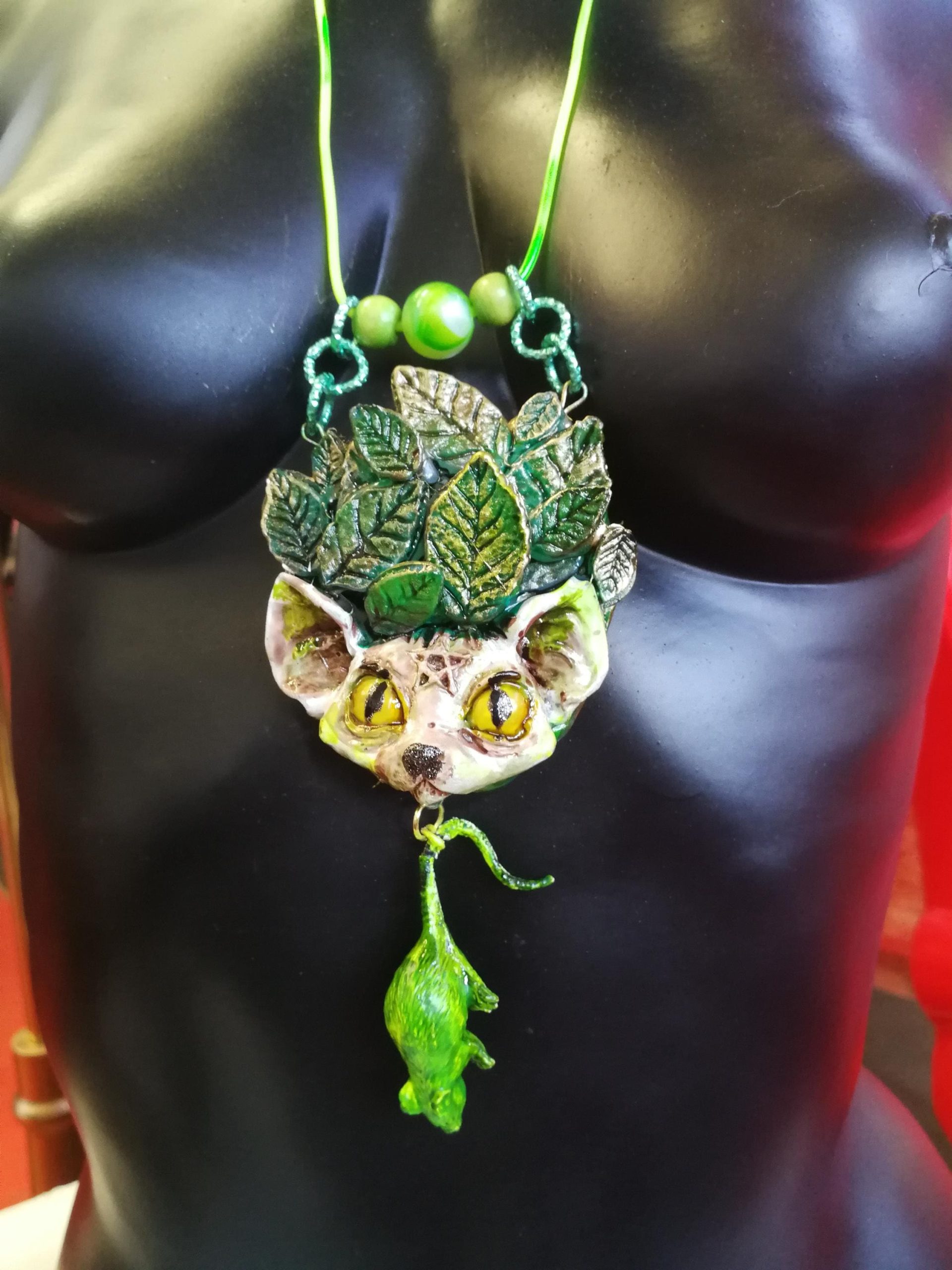 Statement Necklace - Animal Pendant Luxury Art Jewelry - Wild Cat Memorial Totem Sculptural Beaded Design