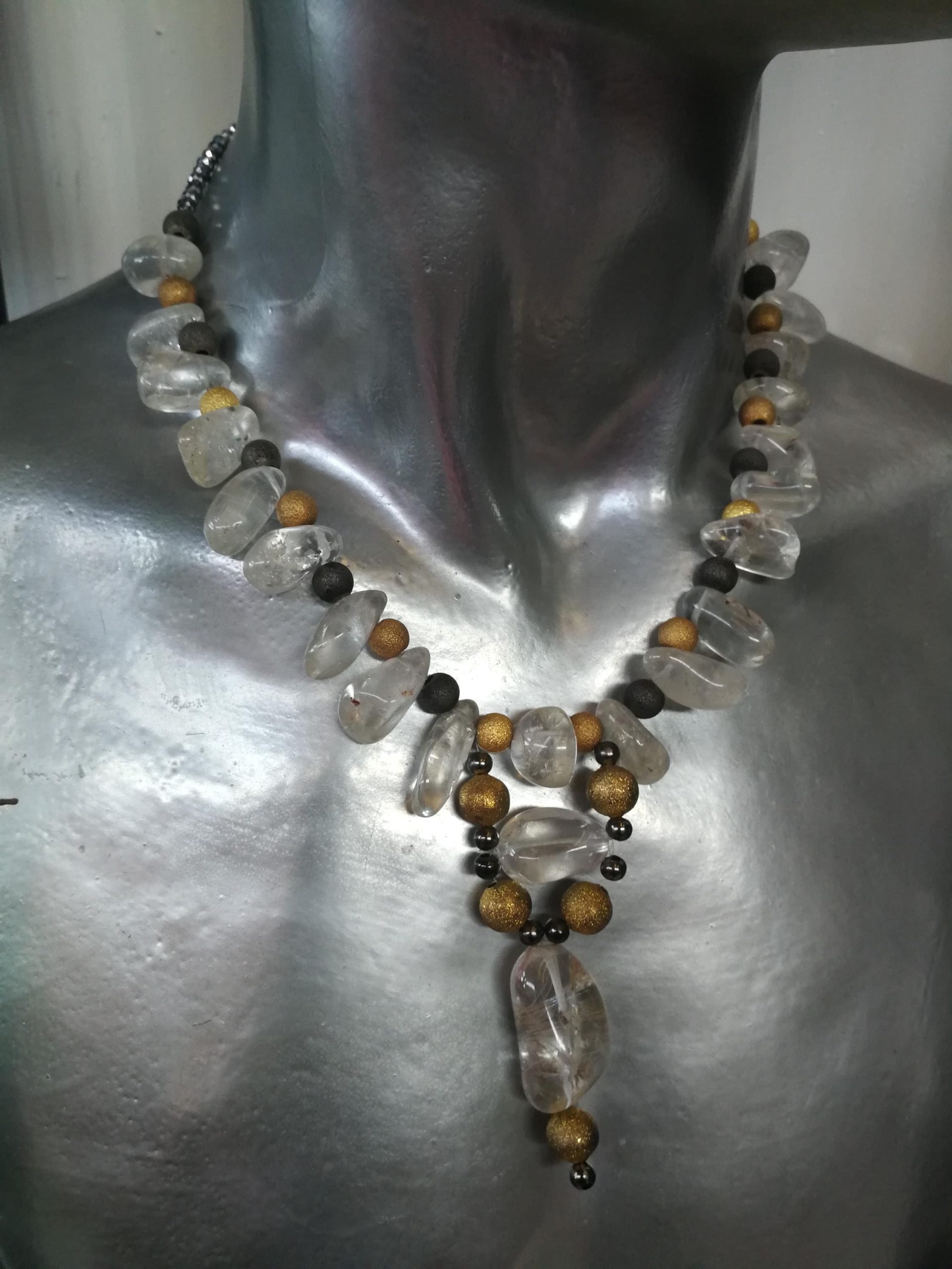 Quartz Necklace, Statement Chunky Jewelry, Clear Crystal Large Natural Stone, Gold Beaded Chain Designer