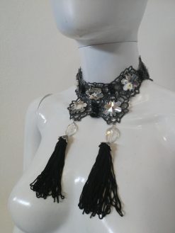 Maie Antoniette Collar, Strass Choker Jewelry, Embroidered Lace Crystal Bib, Victorian Baroque Necklace Tassel Charm