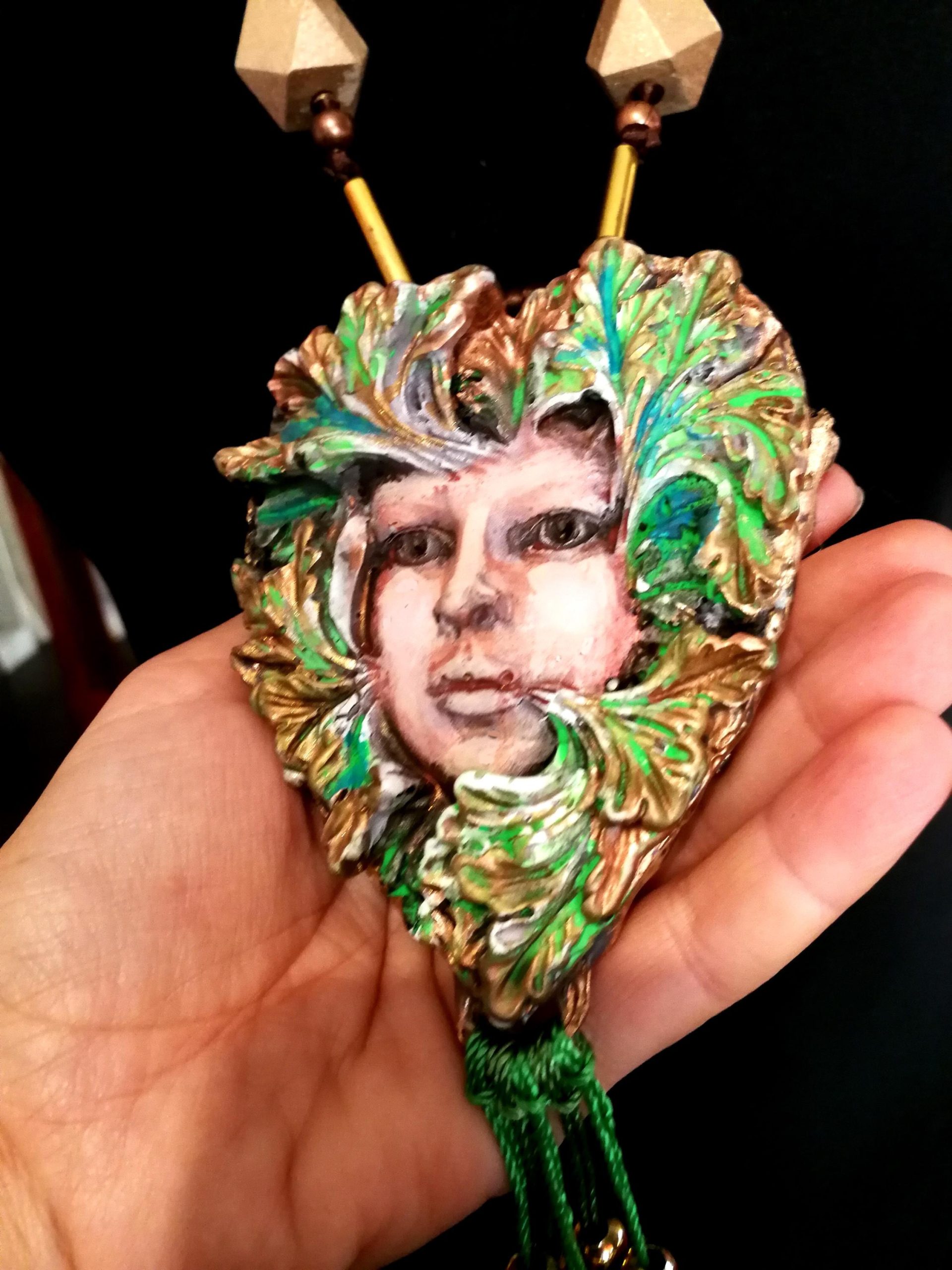 Designer Jewelry, Chunky Pendant Forest Spirit Guide, Green Elf Little People Chunky Necklace Charm