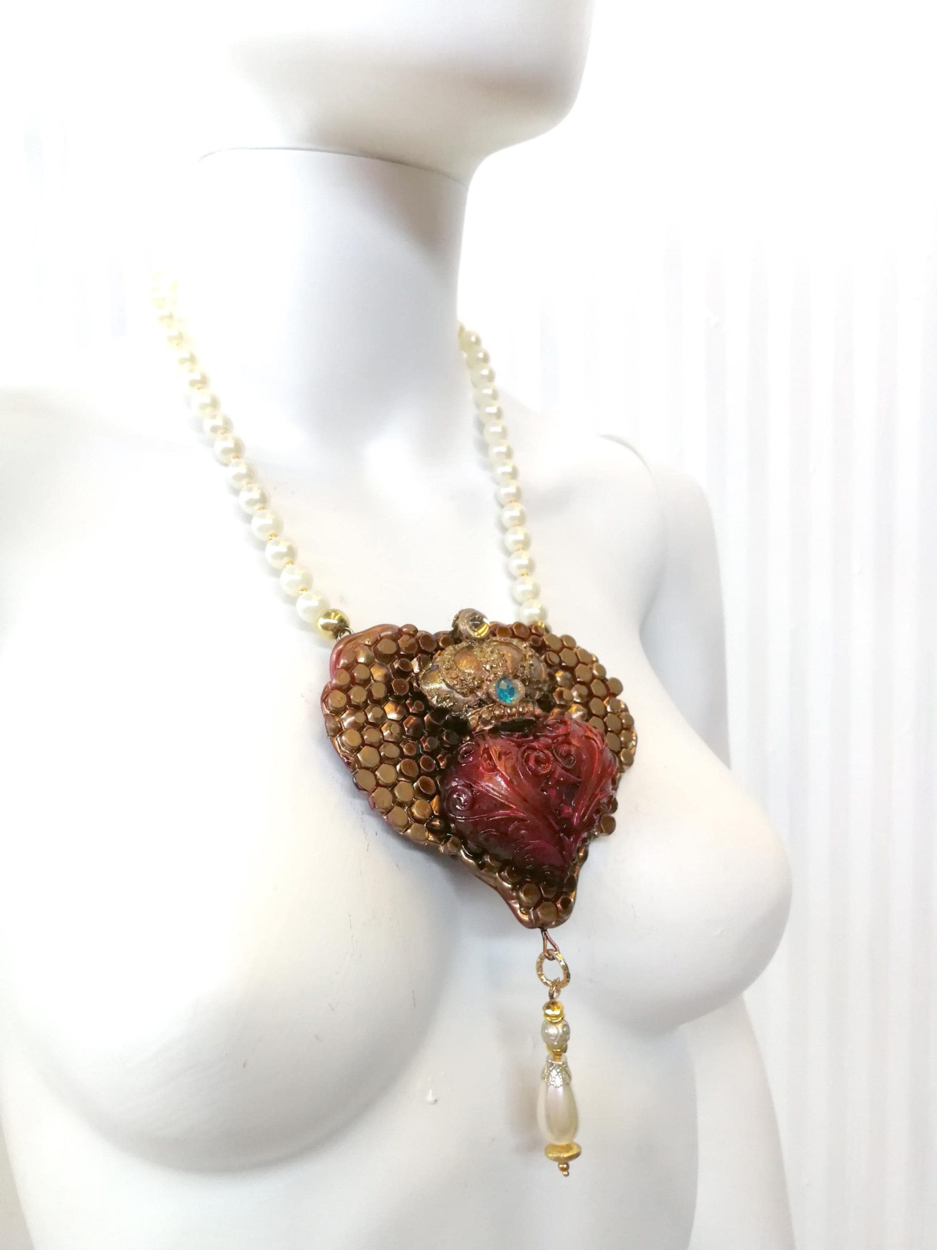 Luxury Necklace, Bee Nest Bumble Honey Pendant, Broken Heart Jewelry Charm Pearl Royal Crown