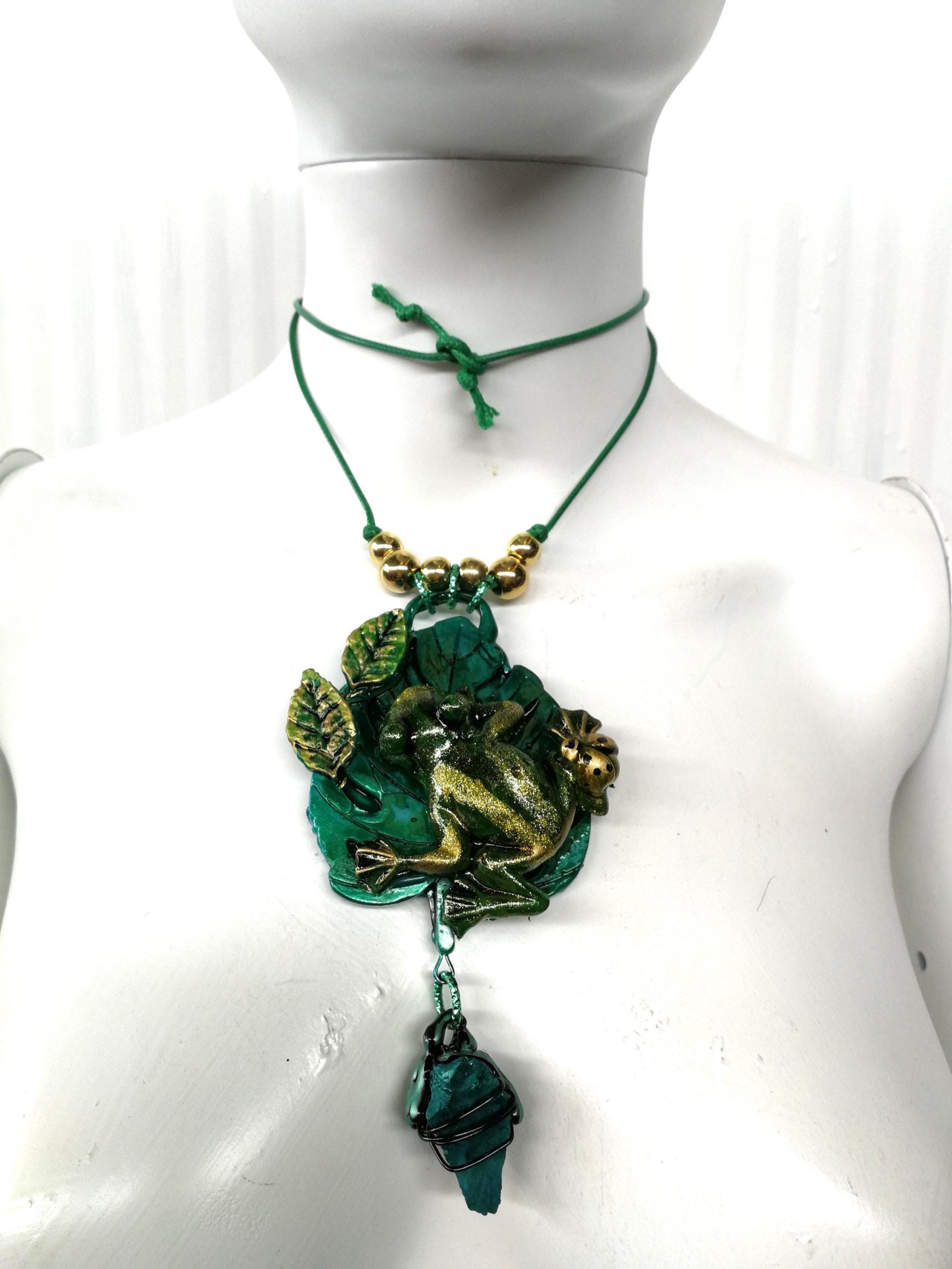 Witch Familiar Frog Necklace, Polymer Clay Amulet, Spirit Guide Jewelry