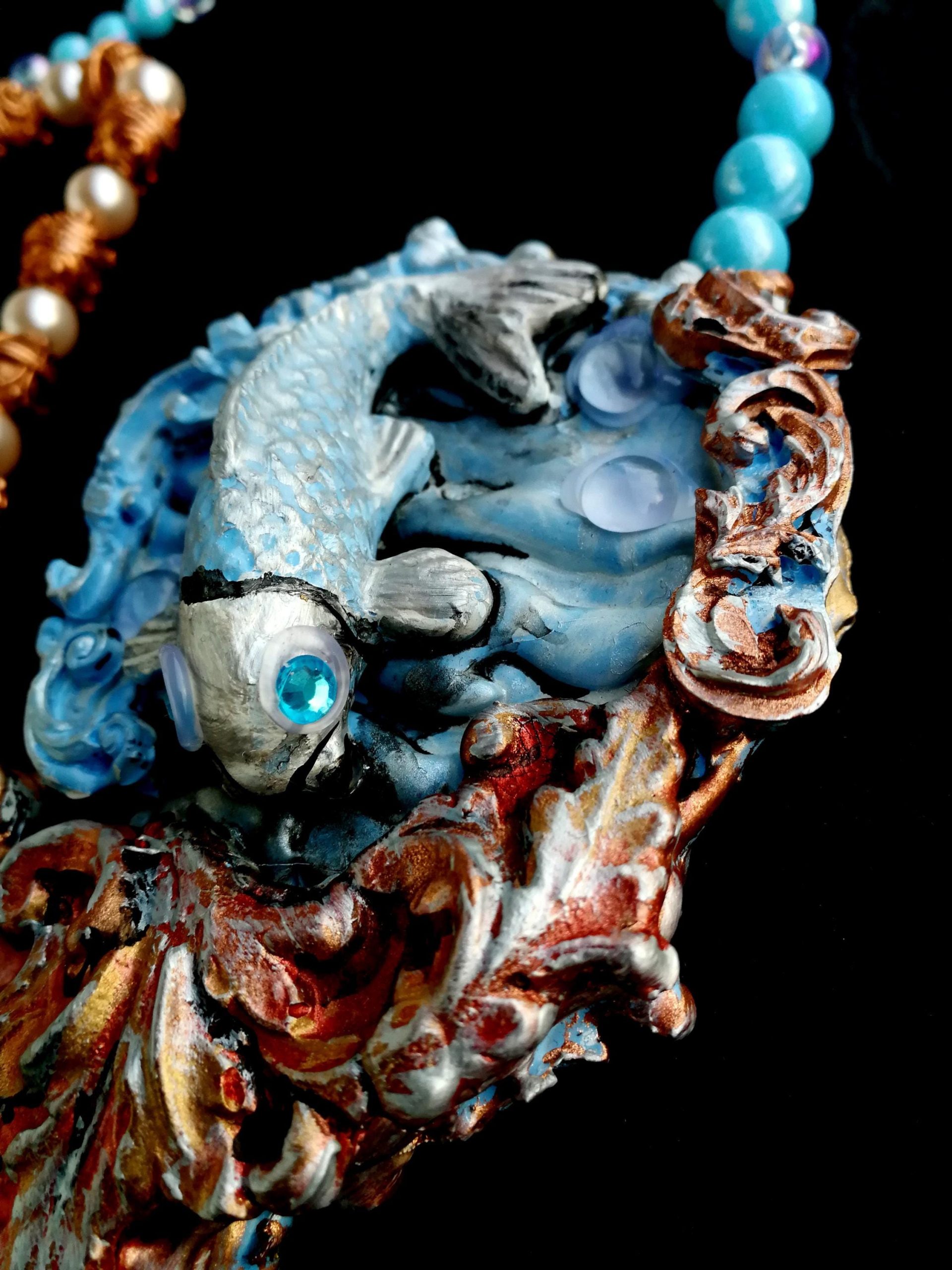 Art Deco Koi Fish Pearl Necklace, Handmade Sea Life Amulet