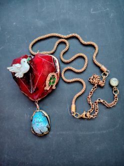 Anatomical Heart Necklace, Four Leaf Clover, Horseshoe & Dove Statement Jewelry Good Luck Charm Pendant