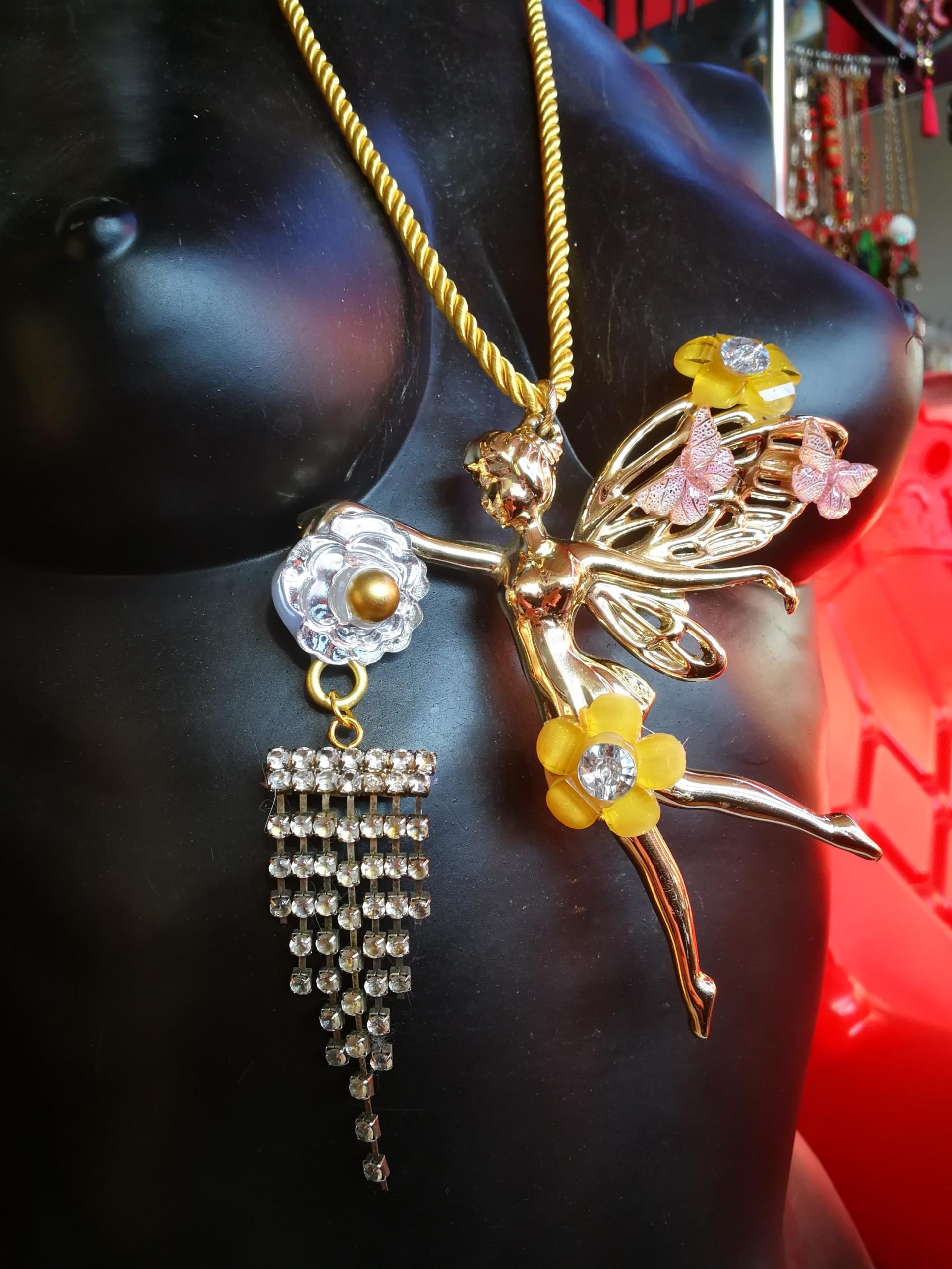 Fairy Wings Jewelry, Fairies Tale Golden Ballerina Butterfly Doll Pendant, Ballet Dance Figure Necklace