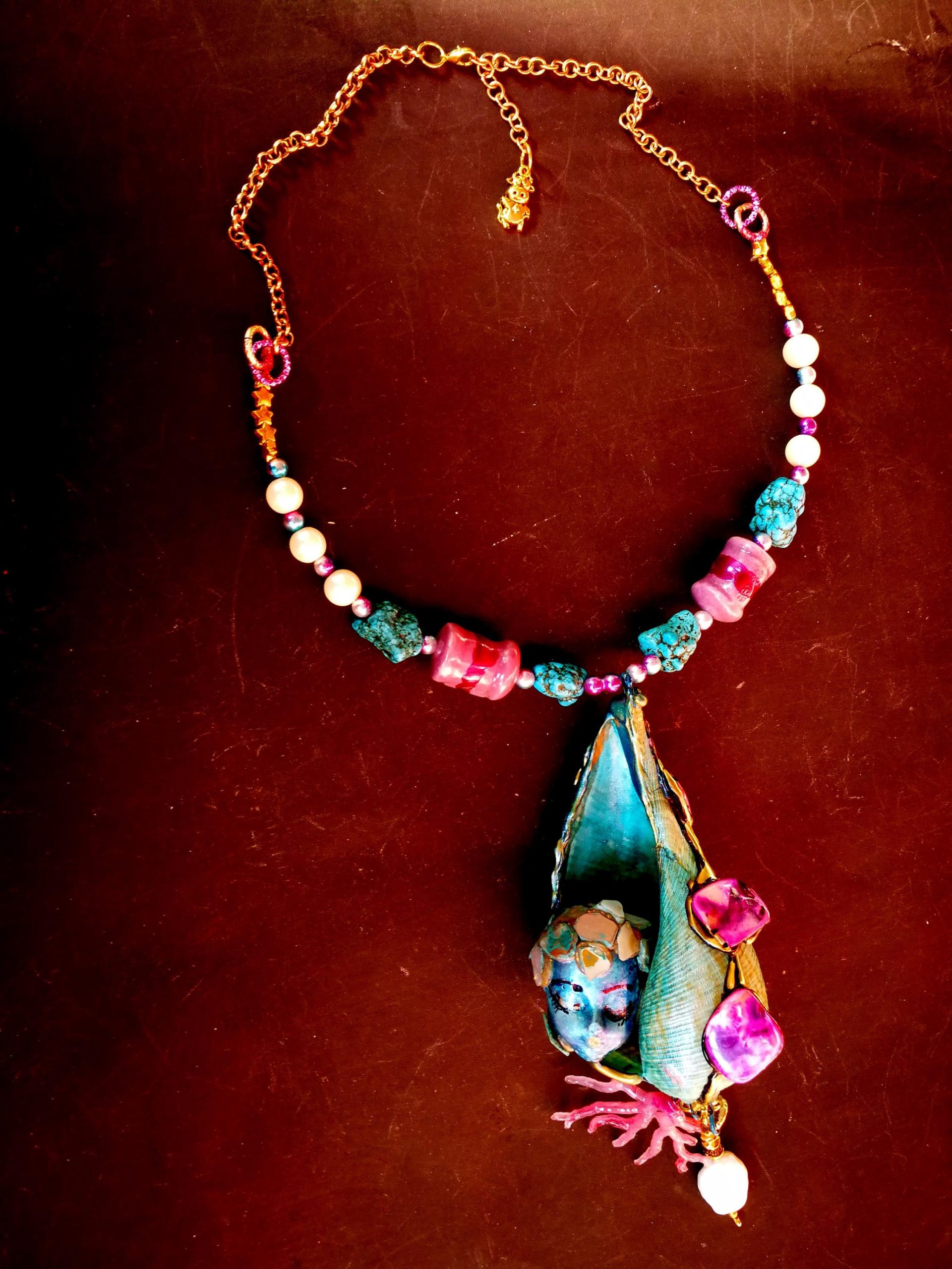 Turquoise Necklace, Puka Shell Stone Luxury Jewelry, Nautilus Pendant Seashell Natural Sea Conch & Cowrie