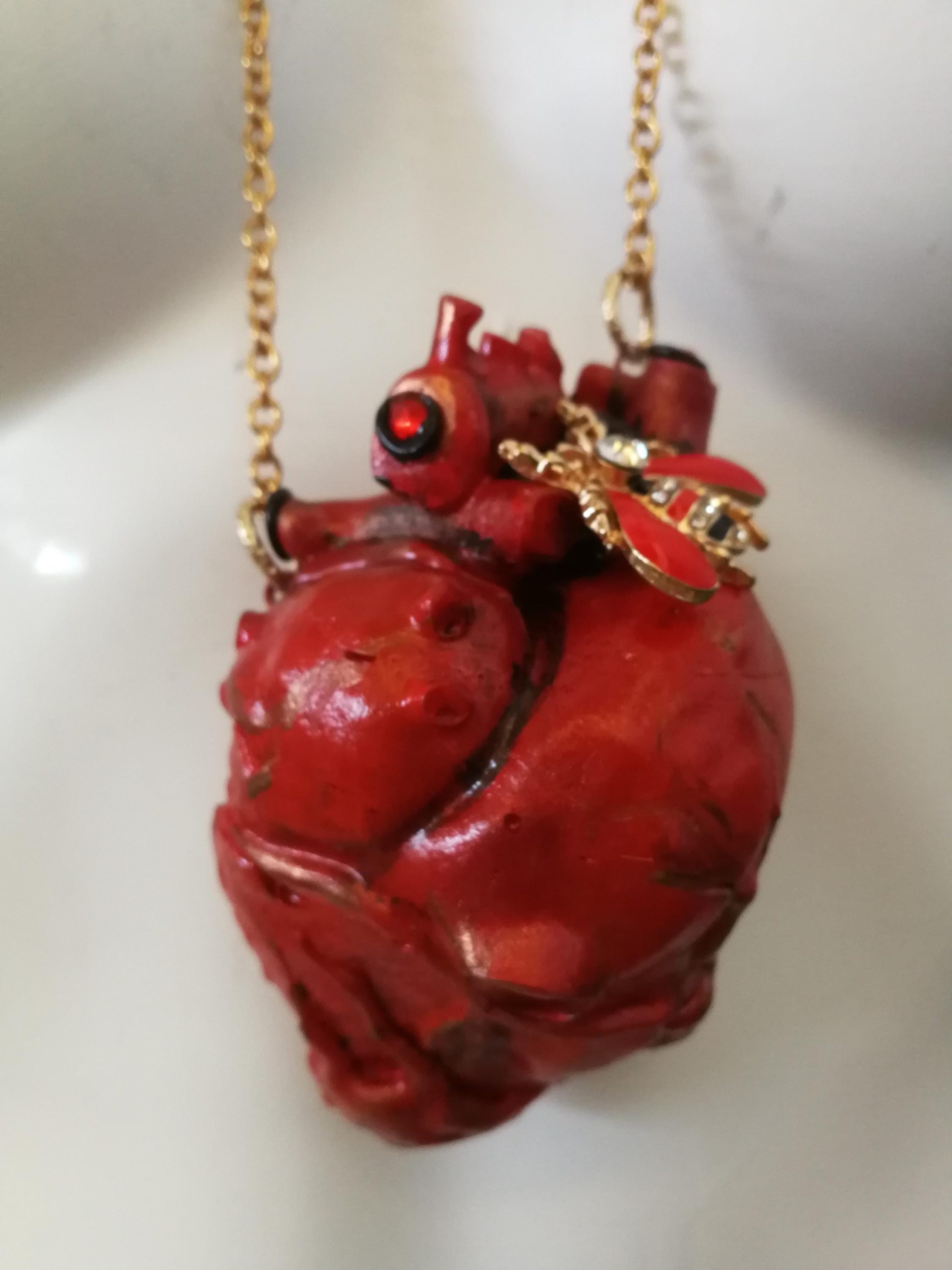 Anatomical Heart Red Necklace, Bee Nest Pendant Lucky Charm, Sculptural Statement Jewelry Choker Chain
