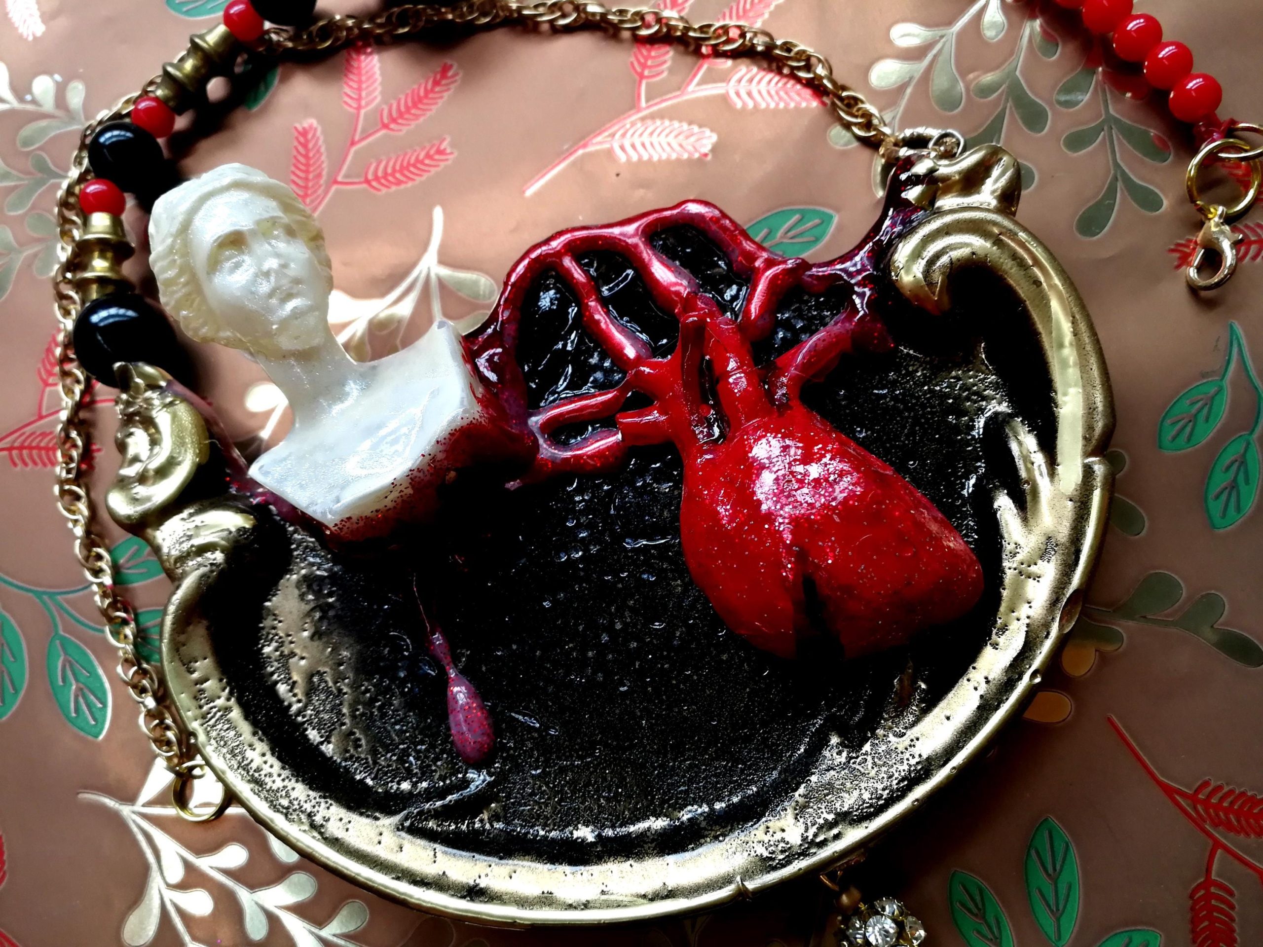 Brutalist Heart Pendant Necklace, Antique Statue, Pearl Jewelry