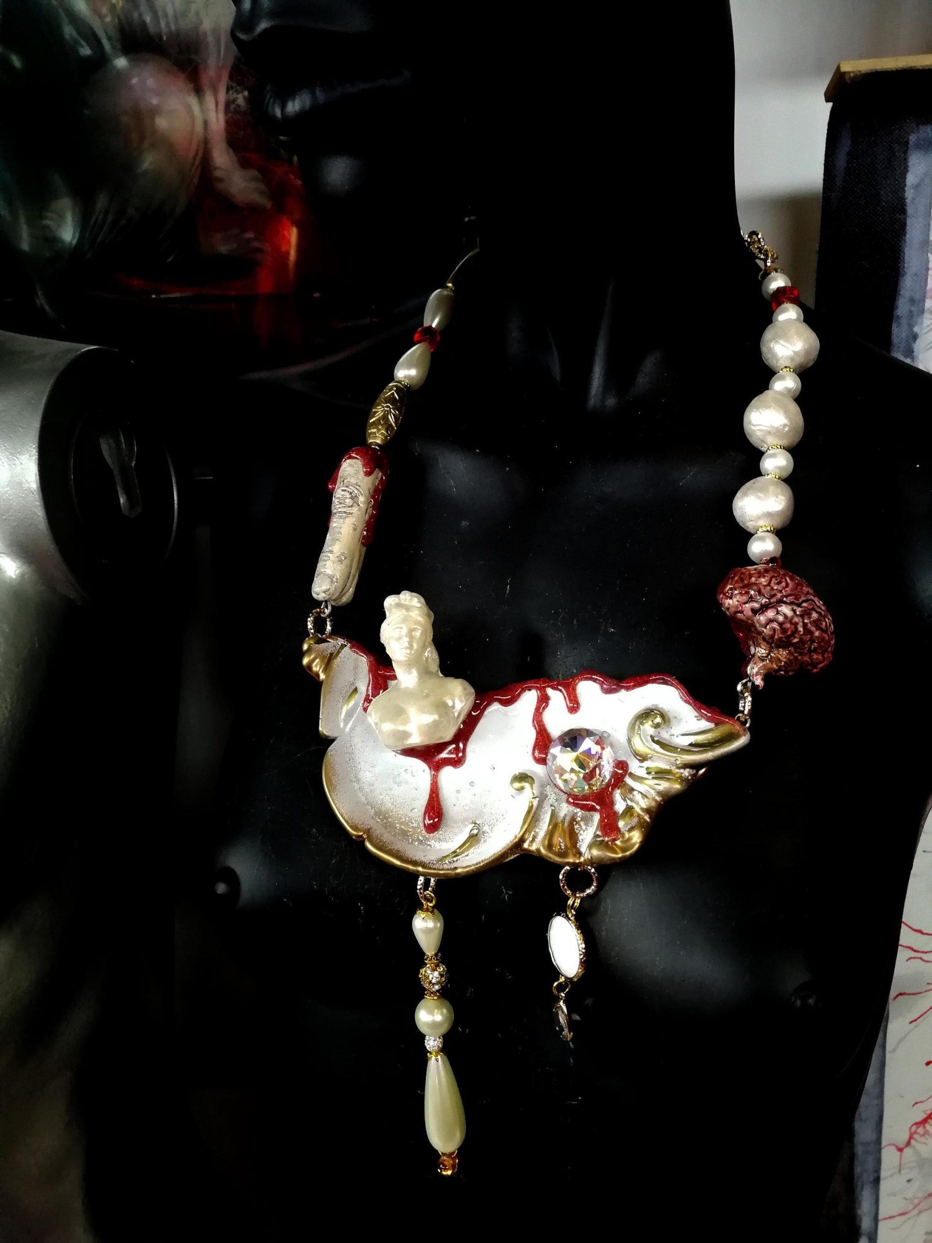 Brutalist Bib Necklace, Asymmetrical Statue, Brain Charm, Handmade Couture