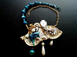 Brutalist Art Deco Bib Necklace, Doll Charm, Pearl Stone Pendant
