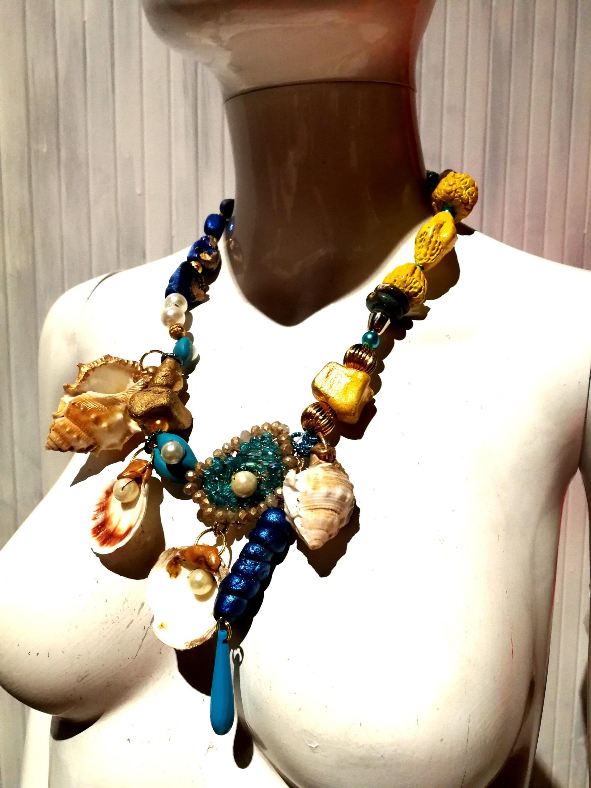 Puka Shell Necklace, Maximalist Design Luxury Statement Charm, Natural Seashell Conch Abalone & Ceramic Jewelry