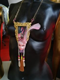 Pink Flamingo Jewelry, Exotic Bird Pendant, Doll Head Sculpture, Baroque Charm Necklace Feather & Tassel