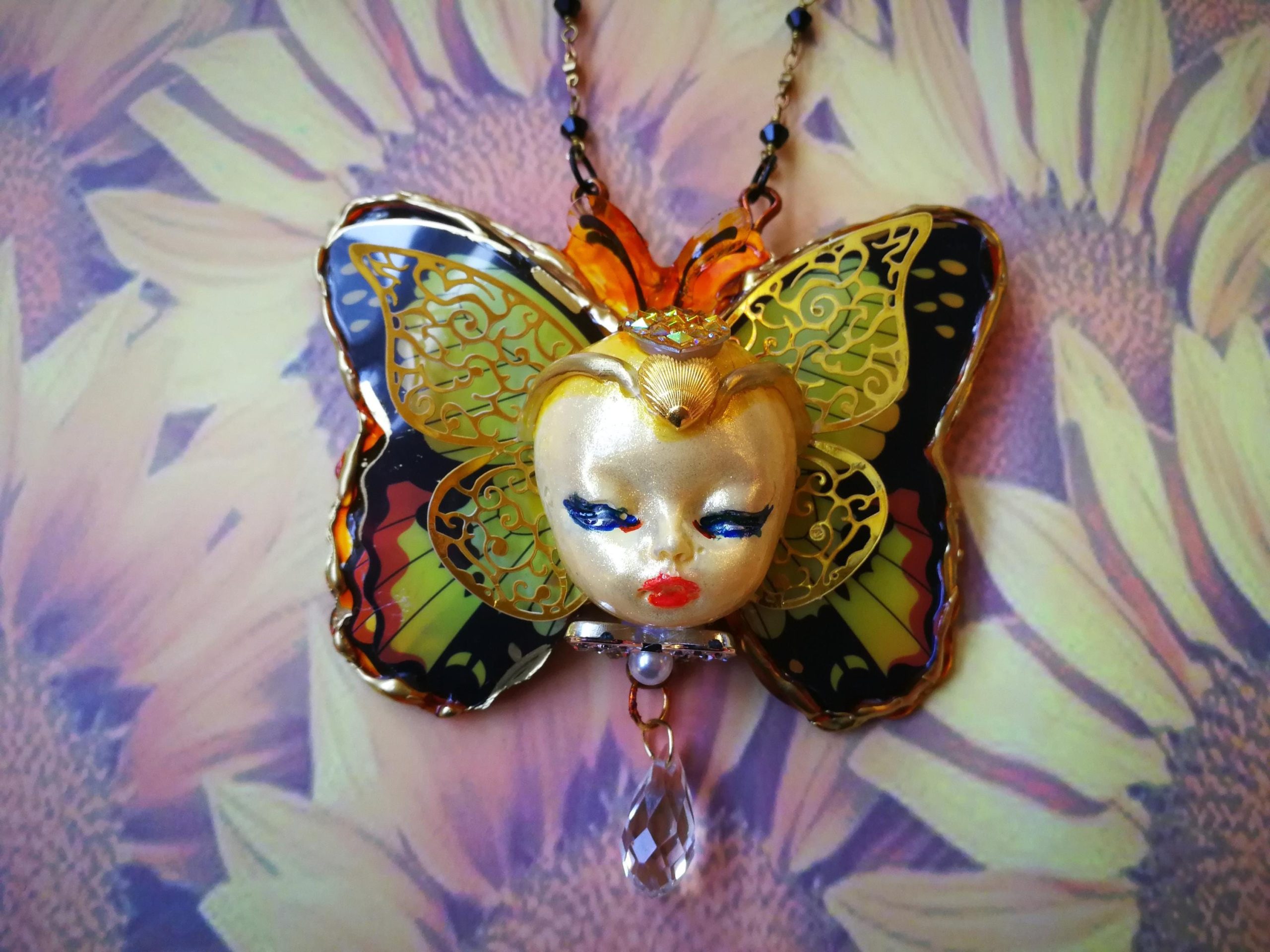 Butterfly Necklace, Doll Head Pendant Statement Jewelry, Sculptural Liberty Belle Epoque Golden Age Charm