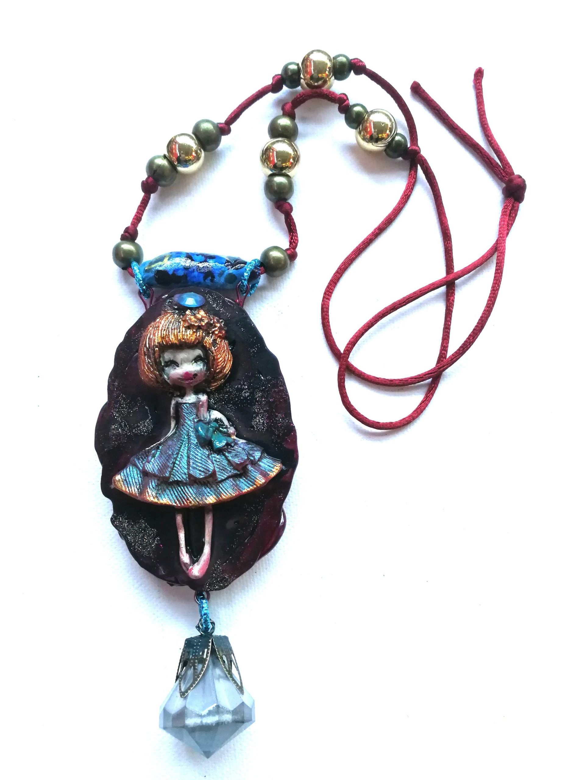 Polymer Clay Doll Pendant, Handmade Fantasy Beaded Necklace, Dolly Doom Collection OOAK Sculpture Necklace