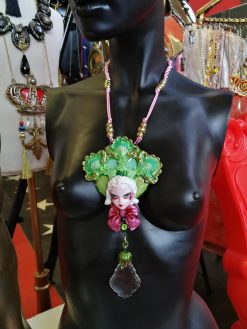 Statement Jewelry, Belle Epoque Sculpture Pendant, Four Leaf Clover Necklace Bib, Flower Crystal Charm