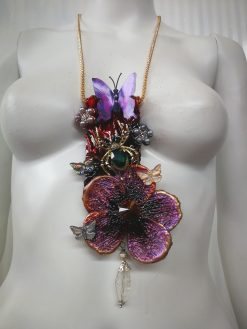 Art Nouveau Necklace, Flower Leaf Elegant Pendant, Jewelry Spider Insect, Butterfly Orchid Crystal Charm