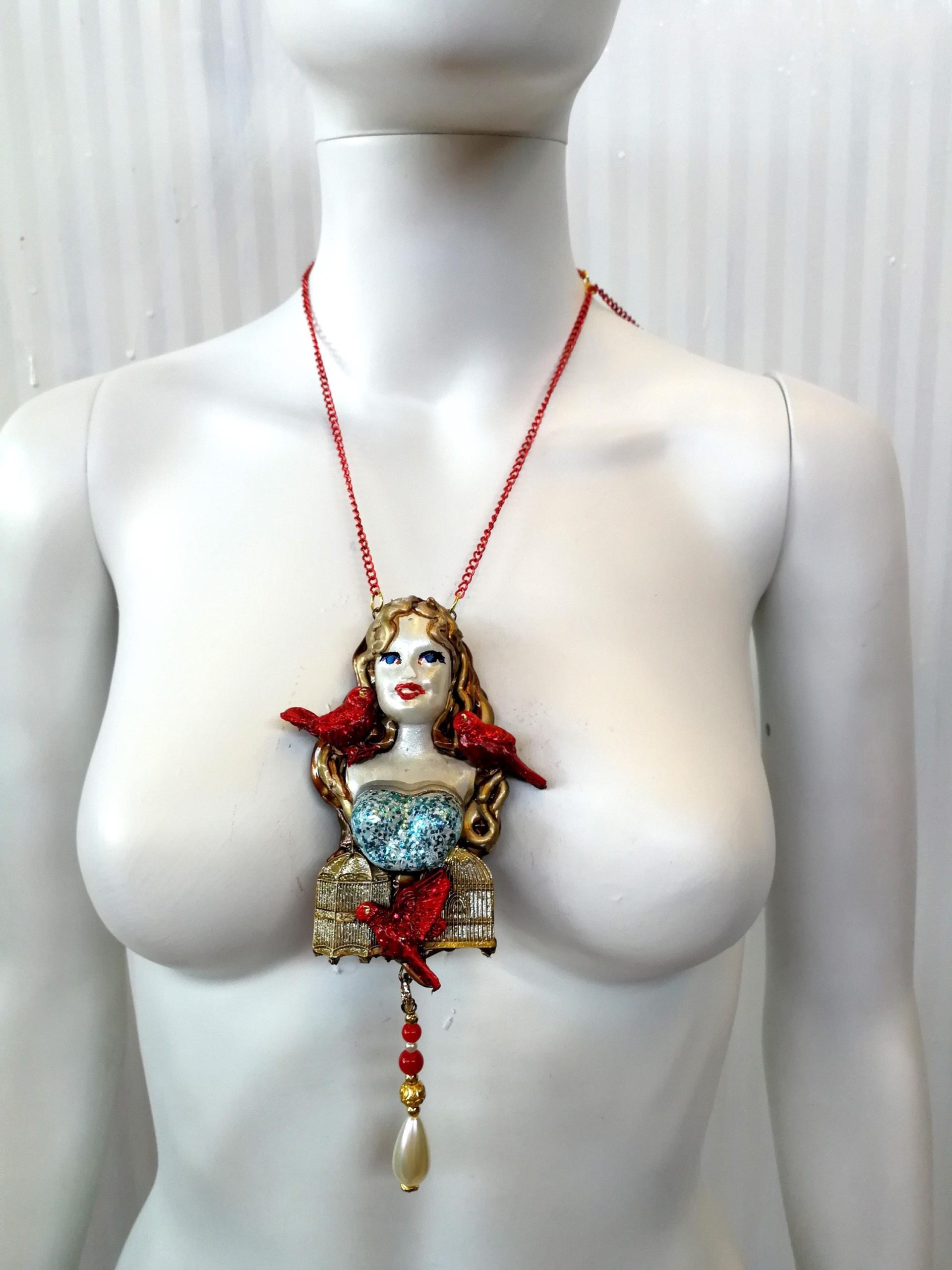 Belle Epoque Jewelry, Art Deco Doll Head Sculpture Pendant, Red Bird Cage Golden Liberty