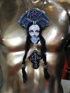 Gothic Necklace, Doll Head Sculpture Pendant, Wednesday Addams Goth Jewel Charm, Fairy Tale Jewelry