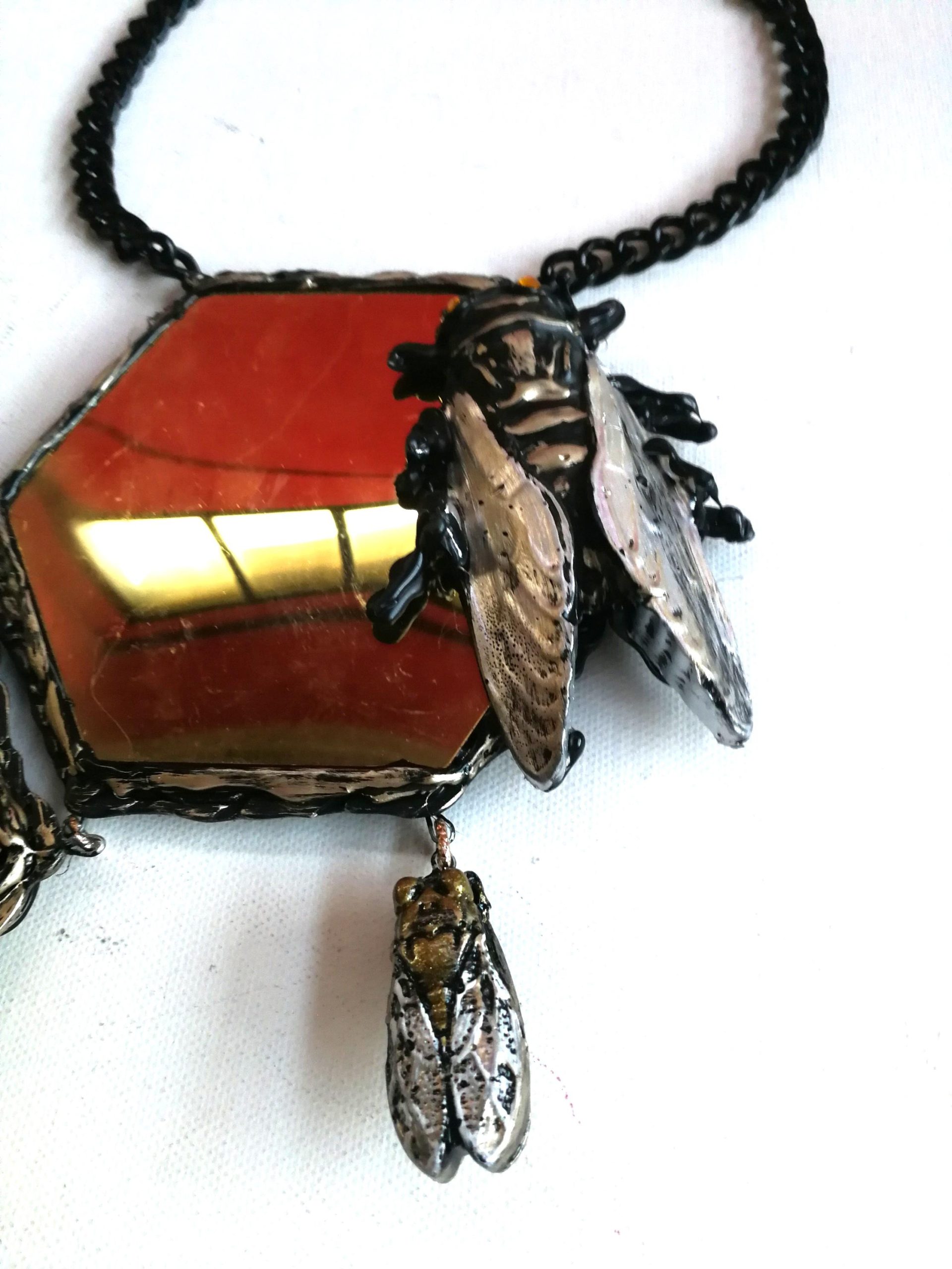 Queen Bee Necklace, Gold Bumble Honey Nest Pendant, Insect Charm Hexagon Beaded Vermeil Mirror