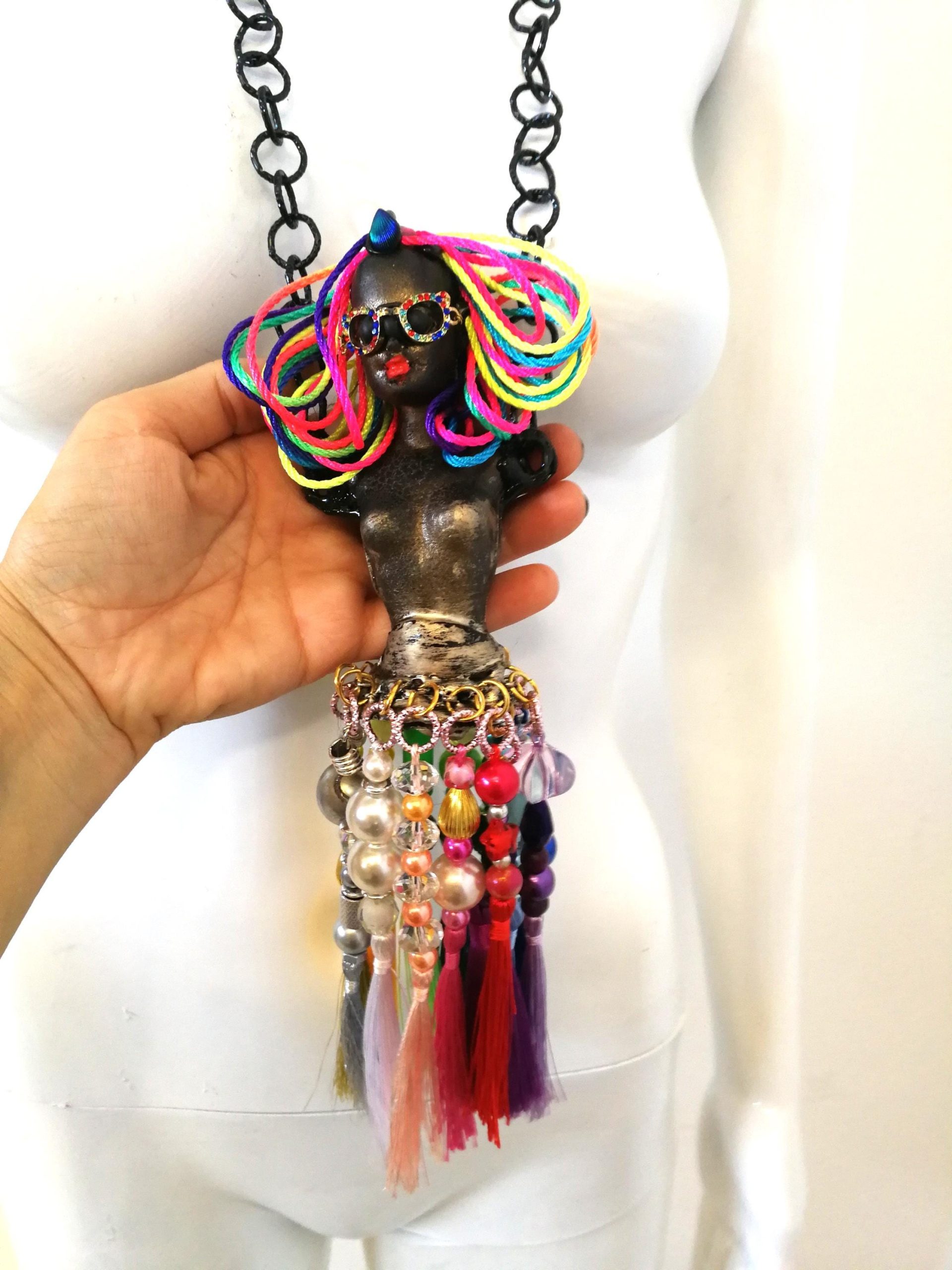 African American Doll Statement Necklace, Chunky Bold Sculpture Jewelry, Tassel Pendant Chain & Beaded Charm