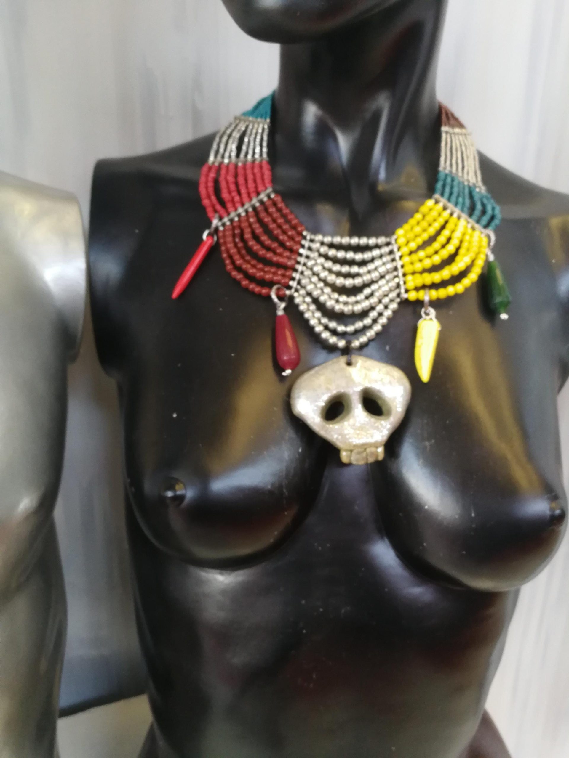 Mexican Jewelry, Ethnic Glamour Necklace, Whimsical Skull Pendant, Luxury Boho Charm Tribal Horn Gemstone