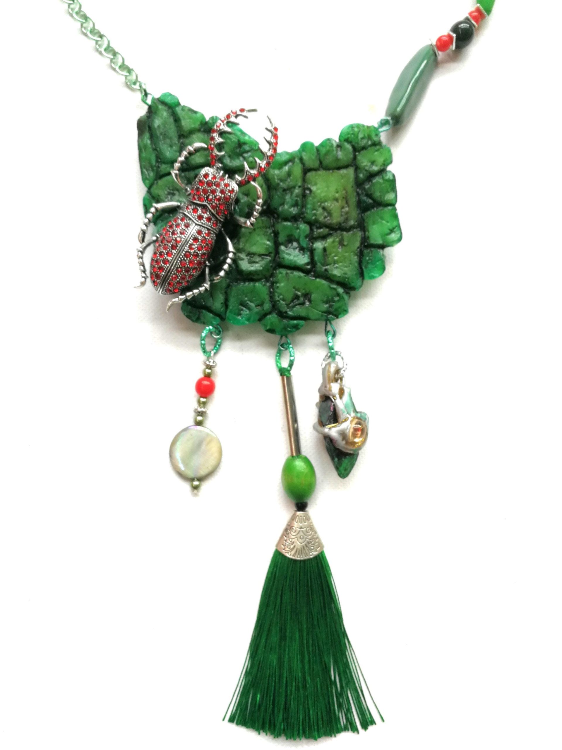 Scarab Beetle Pendant, Insect Necklace Forest, Maximalist Luxury Statement Jewelry Bib Tassel Charm Stone